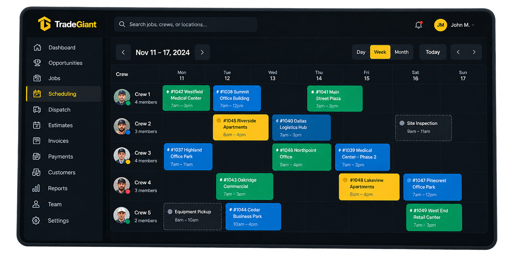 TradeGiant weekly scheduling board showing crews assigned to jobs across the week