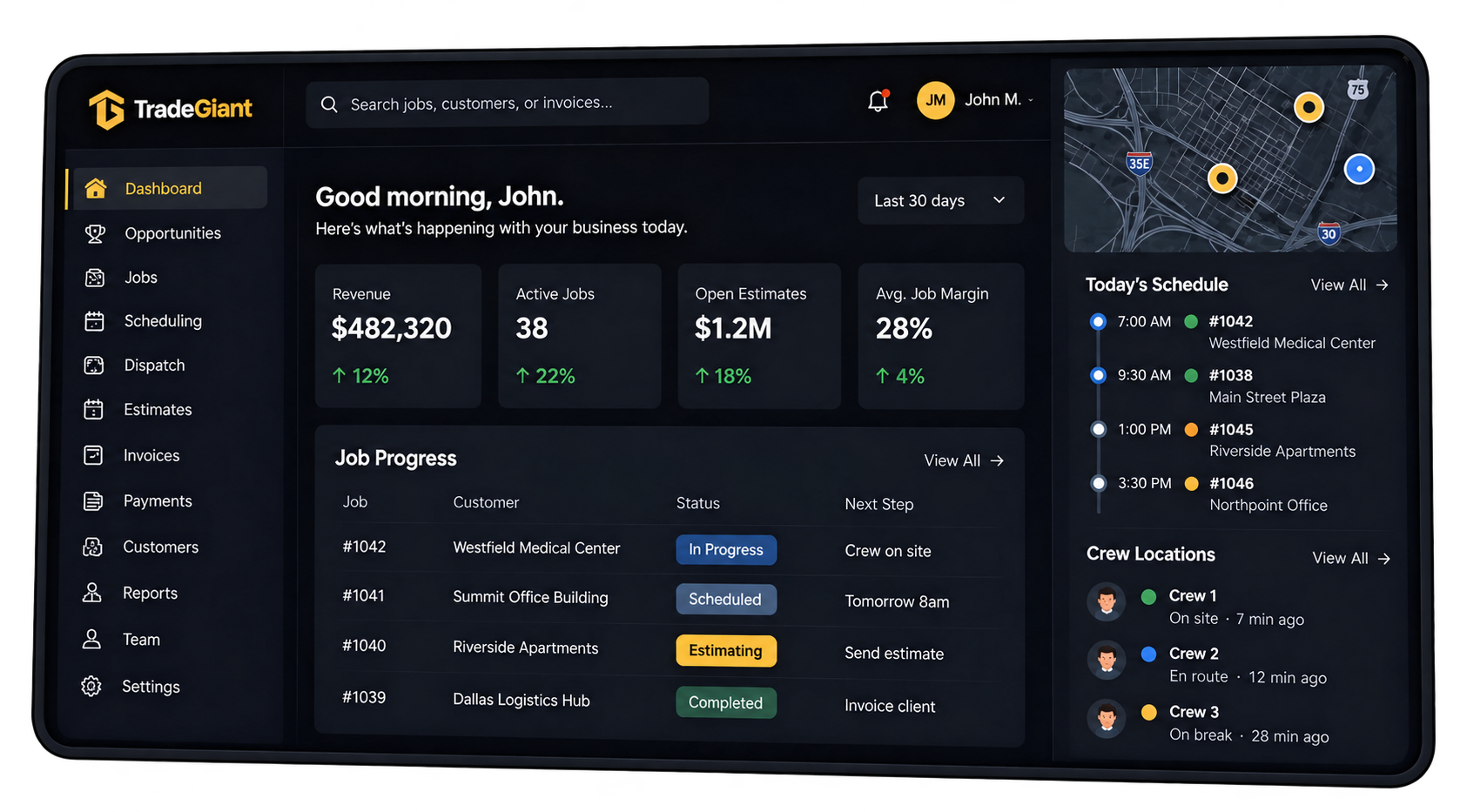 TradeGiant dashboard showing revenue, active jobs, job progress, today's schedule, and crew locations